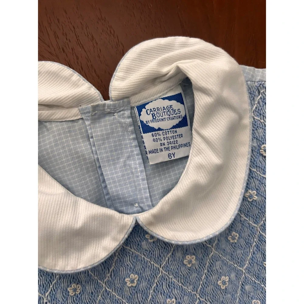 Carriage Boutiques Girls Blue Gingham Smocked Floral Peter Pan Collar Dress 6Y